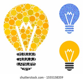 Electric bulb composition of round dots in variable sizes and color hues, based on electric bulb icon. Vector dots are combined into blue composition.