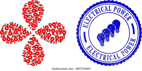 Electric bulb exploding flower cluster, and blue round ELECTRICAL POWER scratched stamp with icon inside. Element flower with 4 petals composed from oriented electric bulb symbols.