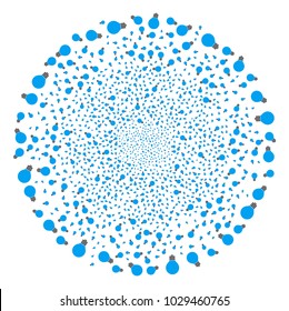 Electric Bulb explosion spheric cluster. Object pattern created from scattered electric bulb icons as fireworks circle. Vector illustration style is flat iconic symbols.
