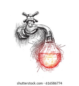 Electric bulb filled with water energy concept vector concept ecology,  Hand Drawn Sketch Vector illustration.