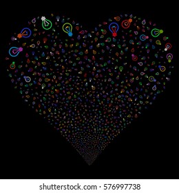 Electric Bulb fireworks with heart shape. Vector illustration style is flat bright multicolored iconic symbols on a black background. Object heart organized from confetti icons.