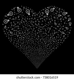 Electric Bulb fireworks with heart shape. Vector illustration style is flat white iconic symbols on a black background. Object heart combined from random design elements.