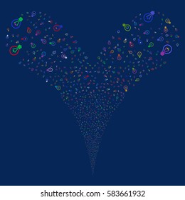 Electric Bulb fireworks stream. Vector illustration style is flat bright multicolored iconic symbols on a blue background. Object double fountain combined from random design elements.