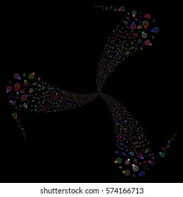 Electric Bulb fireworks swirl rotation. Vector illustration style is flat bright multicolored iconic symbols on a black background. Object twirl made from random symbols.