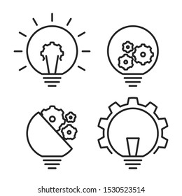 Electric bulb with gears icon set. Outline thin line illustration. Isolated on white background. Automation concept.  