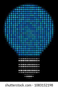 Electric bulb halftone vector icon. Illustration style is dot iconic electric bulb symbol on a black background. Halftone matrix is made with round elements.