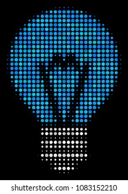 Electric bulb halftone vector icon. Illustration style is pixelated iconic electric bulb symbol on a black background. Halftone pattern is constructed with circle elements.