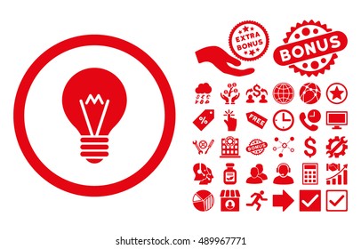 Electric Bulb icon with bonus design elements. Vector illustration style is flat iconic symbols, red color, white background.