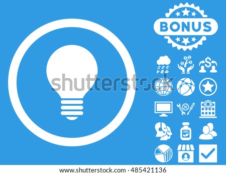 Electric Bulb icon with bonus design elements. Vector illustration style is flat iconic symbols, white color, blue background.