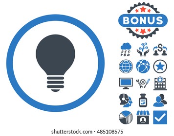 Electric Bulb icon with bonus pictogram. Vector illustration style is flat iconic bicolor symbols, smooth blue colors, white background.