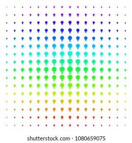 Electric Bulb icon rainbow colored halftone pattern. Vector electric bulb shapes organized into halftone grid with vertical spectral gradient. Designed for backgrounds,
