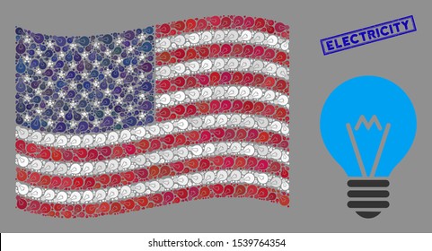 Electric bulb icons are grouped into USA flag collage with blue rectangle corroded stamp seal of Electricity text. Vector composition of USA waving state flag is created with electric bulb elements.