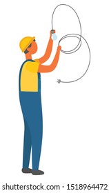 Electric bulb installation vector, electrician with long cable. Character working on fixing and repairing of house, light providing system wiring