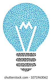 Electric Bulb mosaic of dots in various sizes and color shades. Small circles are composed into electric bulb vector collage. Dotted vector design concept.
