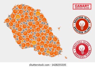 Electric bulb mosaic Graciosa Island map and rubber rounded watermarks. Mosaic vector Graciosa Island map is created with illumination bulb elements. Concept for electric business.