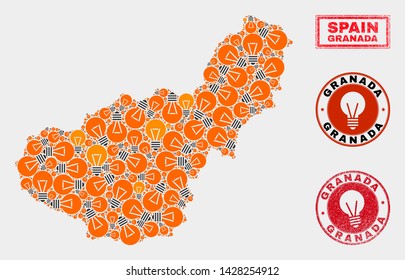 Electric bulb mosaic Granada Province map and rubber round stamp seals. Mosaic vector Granada Province map is created with electrical lamp items. Abstraction for electric services.