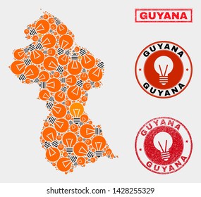 Electric bulb mosaic Guyana map and rubber rounded stamp seals. Mosaic vector Guyana map is composed with imagination bulb elements. Concept for electric business. Orange and red colors used.