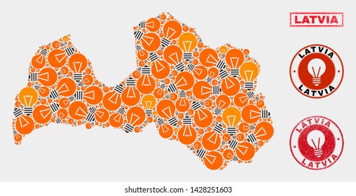 Electric bulb mosaic Latvia map and rubber round stamp seals. Mosaic vector Latvia map is designed with power bulb icons. Abstraction for power supply business. Orange and red colors used.