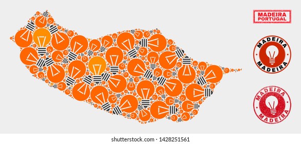 Electric bulb mosaic Madeira map and grunge round watermarks. Mosaic vector Madeira map is created with electric bulb items. Concept for innovation business. Orange and red colors used.