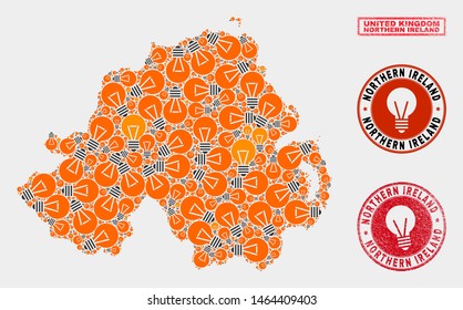 Electric bulb mosaic Northern Ireland map and rubber rounded stamp seals. Mosaic vector Northern Ireland map is created with power bulb symbols. Abstract images for innovation services.