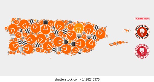 Electric bulb mosaic Puerto Rico map and grunge round seals. Collage vector Puerto Rico map is created with power bulb elements. Abstract images for electric business. Orange and red colors used.