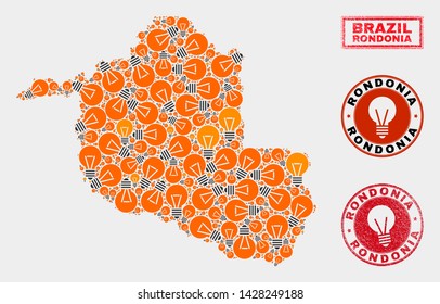 Electric bulb mosaic Rondonia State map and grunge rounded seals. Mosaic vector Rondonia State map is created with idea bulb elements. Templates for electric services. Orange and red colors used.
