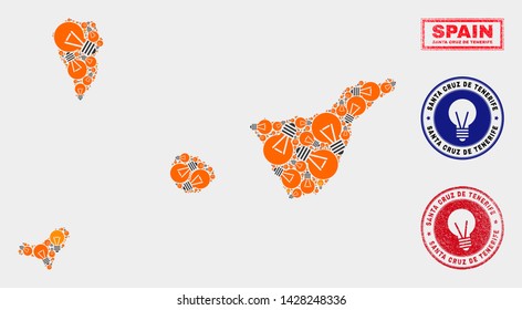Electric bulb mosaic Santa Cruz de Tenerife Province map and grunge round seals. Mosaic vector Santa Cruz de Tenerife Province map is designed with light lamp icons. Concept for electric services.