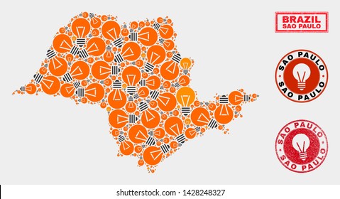 Electric bulb mosaic Sao Paulo State map and rubber round stamps. Mosaic vector Sao Paulo State map is created with electric bulb items. Abstraction for electric business. Orange and red colors used.