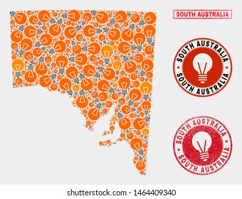 Electric bulb mosaic South Australia map and rubber round seals. Collage vector South Australia map is designed with electric bulb elements. Templates for electric business.