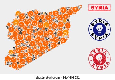 Electric bulb mosaic Syria map and rubber rounded stamps. Mosaic vector Syria map is designed with illumination bulb elements. Templates for electric business. Orange and red colors used.