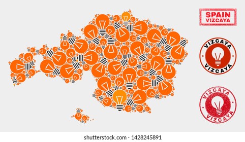 Electric bulb mosaic Vizcaya Province map and rubber rounded stamp seals. Mosaic vector Vizcaya Province map is composed with idea bulb symbols. Abstraction for power supply business.