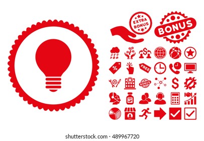 Electric Bulb pictograph with bonus pictograph collection. Vector illustration style is flat iconic symbols, red color, white background.