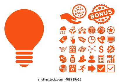 Electric Bulb pictograph with bonus images. Vector illustration style is flat iconic symbols, orange color, white background.