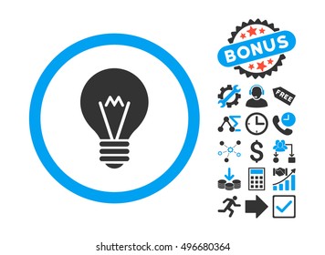 Electric Bulb pictograph with bonus pictogram. Vector illustration style is flat iconic bicolor symbols, blue and gray colors, white background.