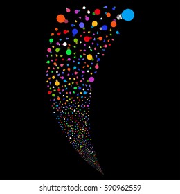 Electric Bulb random fireworks stream. Vector illustration style is flat bright multicolored iconic symbols on a black background. Object fountain organized from scattered design elements.