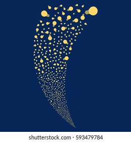 Electric Bulb random fireworks stream. Vector illustration style is flat yellow iconic symbols on a blue background. Object fountain combined from scattered design elements.
