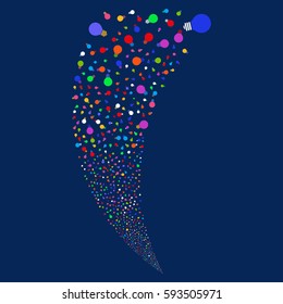 Electric Bulb random fireworks stream. Vector illustration style is flat bright multicolored iconic symbols on a blue background. Object fountain made from scattered pictograms.