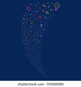 Electric Bulb random fireworks stream. Vector illustration style is flat bright multicolored iconic symbols on a blue background. Object fountain done from scattered pictograms.