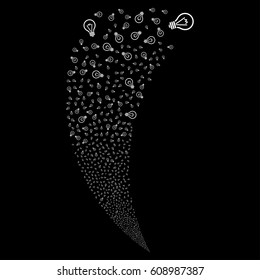 Electric Bulb random fireworks stream. Vector illustration style is flat white iconic symbols on a black background. Object fountain organized from scattered pictograms.
