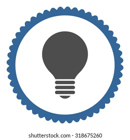 Electric Bulb round stamp icon. This flat vector symbol is drawn with cobalt and gray colors on a white background.