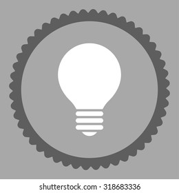 Electric Bulb round stamp icon. This flat vector symbol is drawn with dark gray and white colors on a silver background.