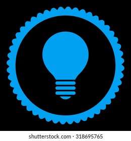Electric Bulb round stamp icon. This flat vector symbol is drawn with blue color on a black background.