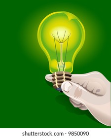 Electric bulb is shone in human hand, saving up technologies, illustration