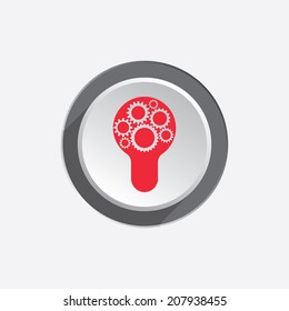 Electric bulb sign icon with cogwheels. Creative idea symbol. 3d round grey button with shadow. Vector isolated