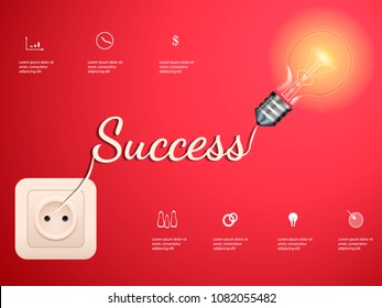 Electric bulb and switch on purple background. Success concept. Vector infographic illustration