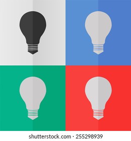 Electric bulb vector icon. Effect of folded paper. Colored (red, blue, green) illustrations. Flat design
