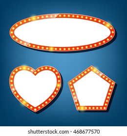 Electric bulbs billboard. oval, heart, pentagon retro light frames. vector illustration