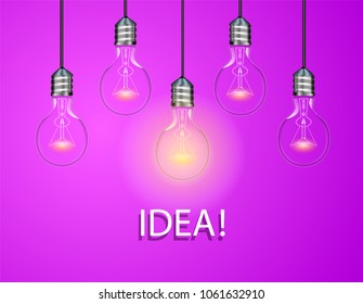 Electric bulbs on purple background. One light is on. Idea concept. Vector illustration