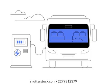 Ilustración vectorial de concepto abstracto de bus eléctrico. Carga del proceso de autobuses eléctricos, vehículo ecológico, transporte urbano sostenible, transporte público, metáfora abstracta de tecnología moderna.