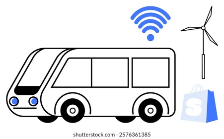 Electric bus with blue accents, wireless signal icon, wind turbine, and shopping bag. Ideal for technology, sustainability, public transportation, green energy, urban mobility. Simple clean design